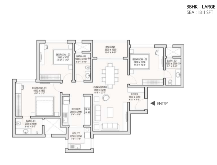 3 BHK floor plan